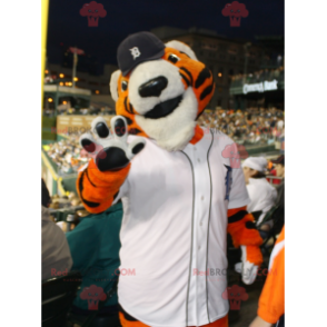 Oranje witte en zwarte tijger mascotte in sportkleding -