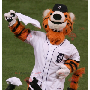 Orange white and black tiger mascot in sportswear -