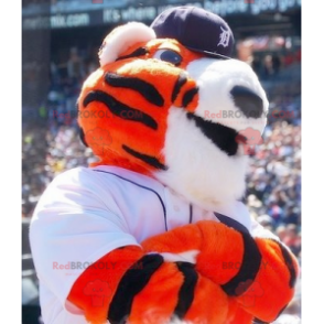 Mascota de tigre blanco y negro naranja en ropa deportiva -