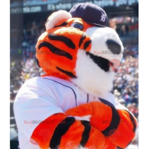 Orange white and black tiger mascot in sportswear -