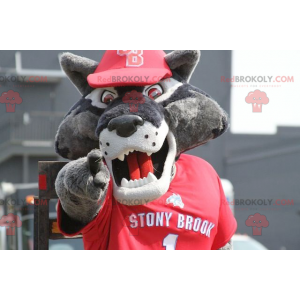 Mascotte de loup gris en tenue de sport rouge - Redbrokoly.com