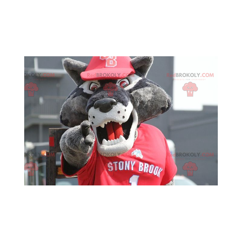 Mascota lobo gris en ropa deportiva roja - Redbrokoly.com