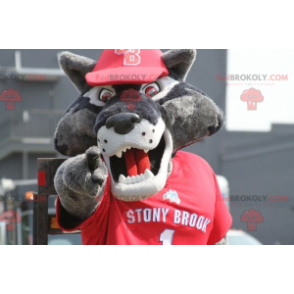 Mascotte de loup gris en tenue de sport rouge - Redbrokoly.com