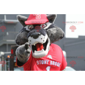 Mascotte lupo grigio in abiti sportivi rossi - Redbrokoly.com
