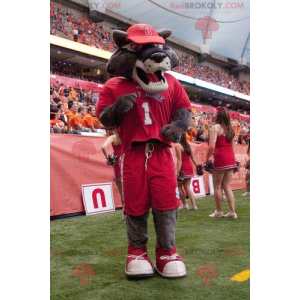 Gray wolf mascot in red sportswear - Redbrokoly.com