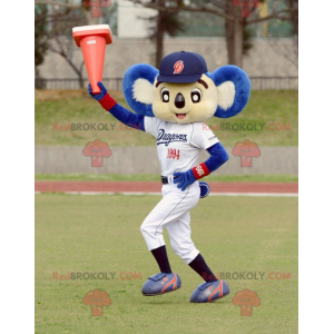 Mascote coala branco e azul em roupas esportivas -