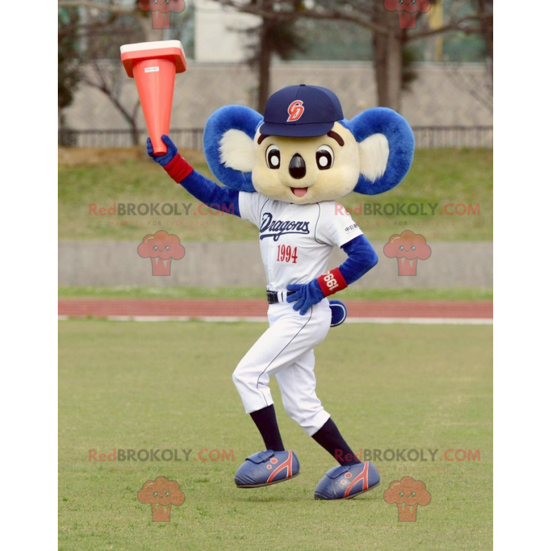 Mascotte de koala blanc et bleu en tenue de sport -