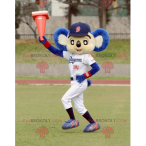 Mascote coala branco e azul em roupas esportivas -