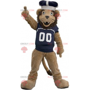 Mascotte de lion marron avec un maillot et une couronne -