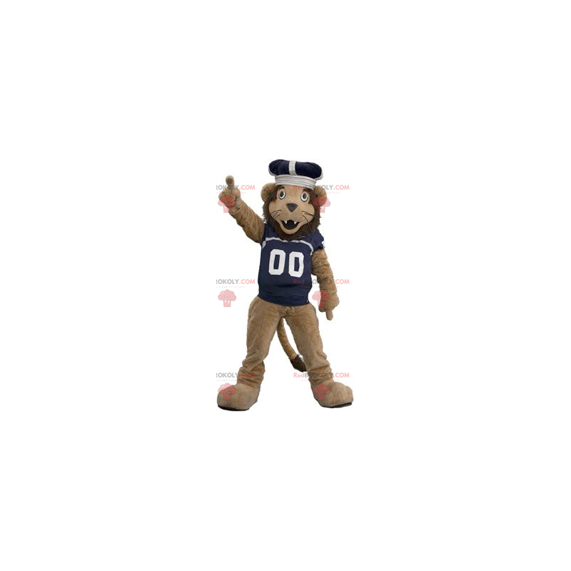 Mascotte leone marrone con una maglia e una corona - Mascotte leone marrone con una maglia e una corona -