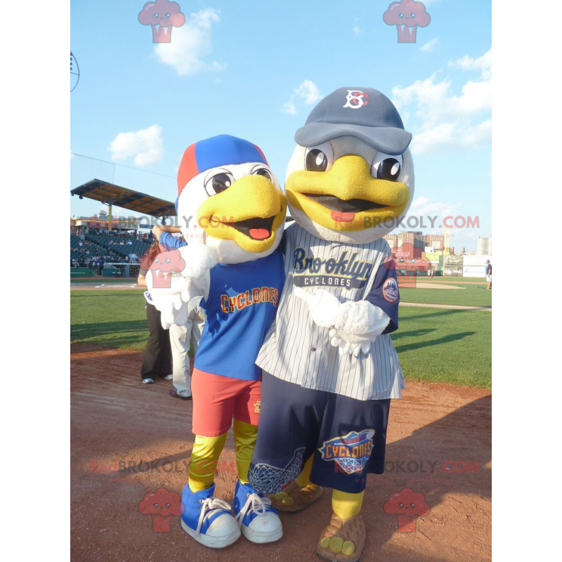 2 mascotes de pássaro gaivota em roupas esportivas -