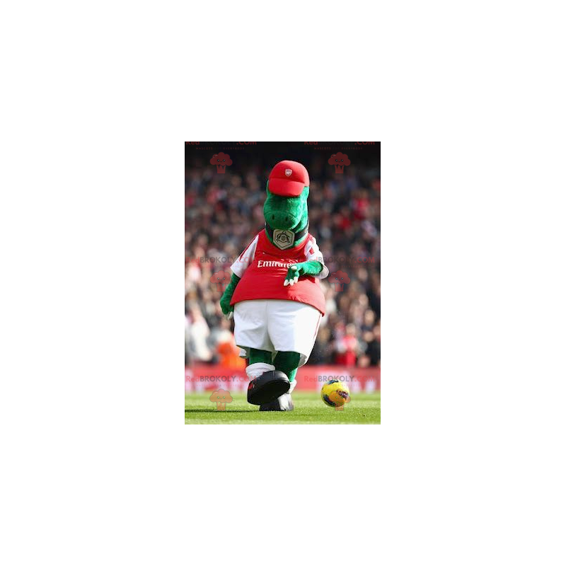 Mascotte de dinosaure vert en tenue de sport rouge et blanche - Mascotte de dinosaure vert en tenue de sport rouge et blanche -