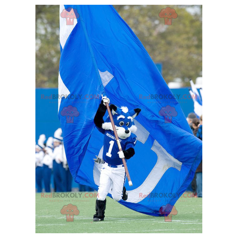 Blue and white fox mascot in sportswear - Redbrokoly.com