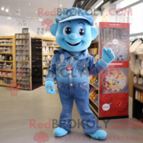 Fantasia de mascote Cyan Candy com camisa jeans e broches - Mascotes de caixa de doces - REBROKO_279694 - RedBrokoly.com