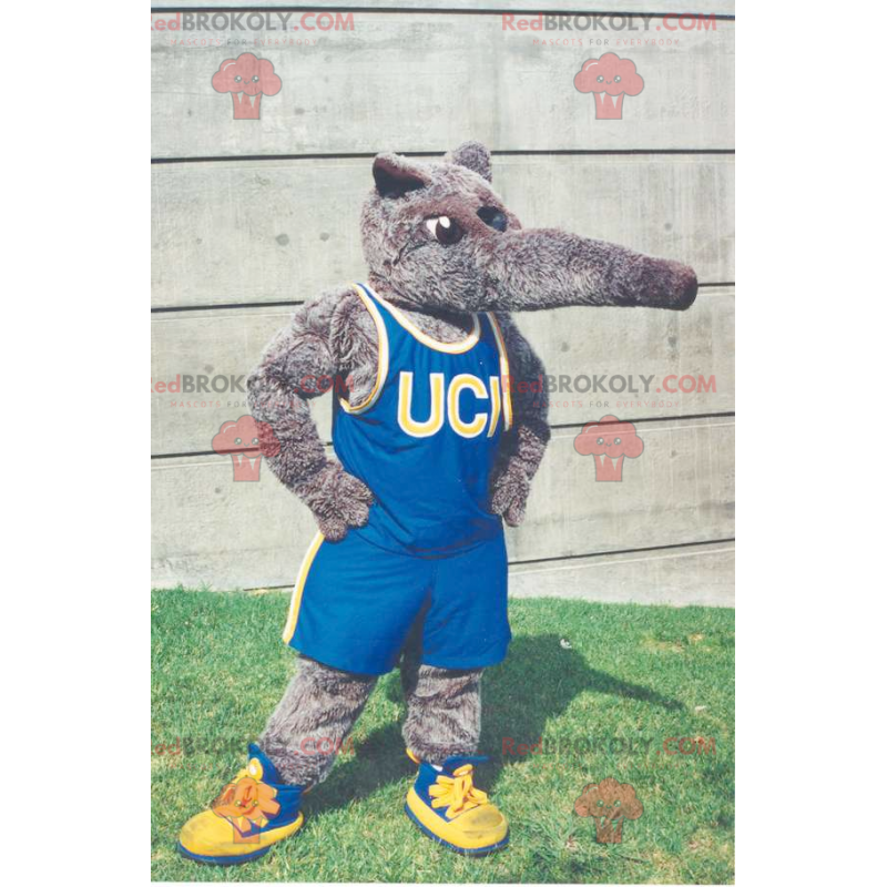 Gray tapir mascot in blue sportswear - Redbrokoly.com