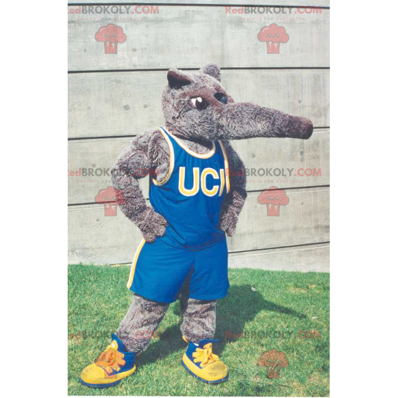Šedý tapír maskot v modrém sportovním oblečení - Redbrokoly.com Šedý tapír maskot v modrém sportovním oblečení - Redbrokoly.com