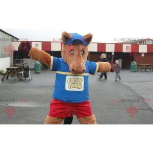 Brown horse mascot foal in blue and red outfit - Redbrokoly.com