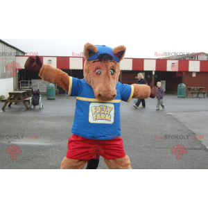 Puledro mascotte cavallo marrone in abito blu e rosso -