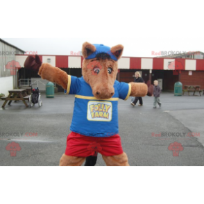 Puledro mascotte cavallo marrone in abito blu e rosso -