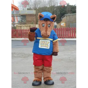 Brown horse mascot foal in blue and red outfit - Redbrokoly.com