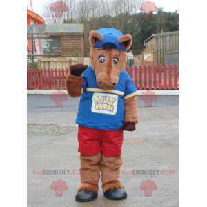 Brown horse mascot foal in blue and red outfit - Redbrokoly.com