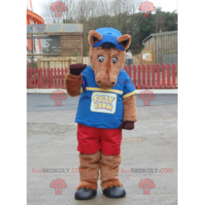 Puledro mascotte cavallo marrone in abito blu e rosso -