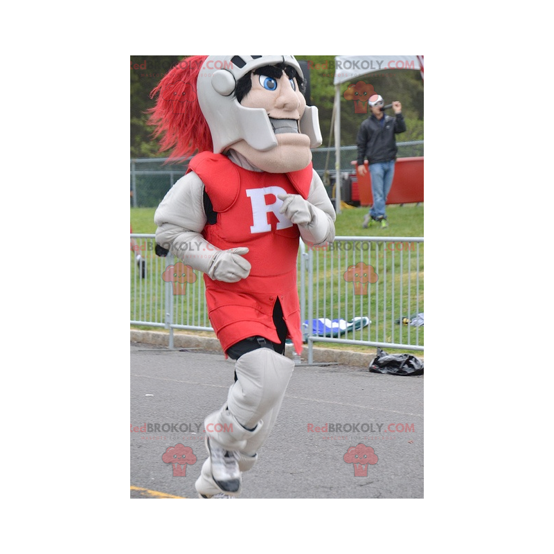 Knight mascot wearing red and gray armor - Redbrokoly.com