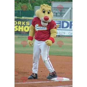 Yellow tiger mascot in red and white sportswear - Redbrokoly.com