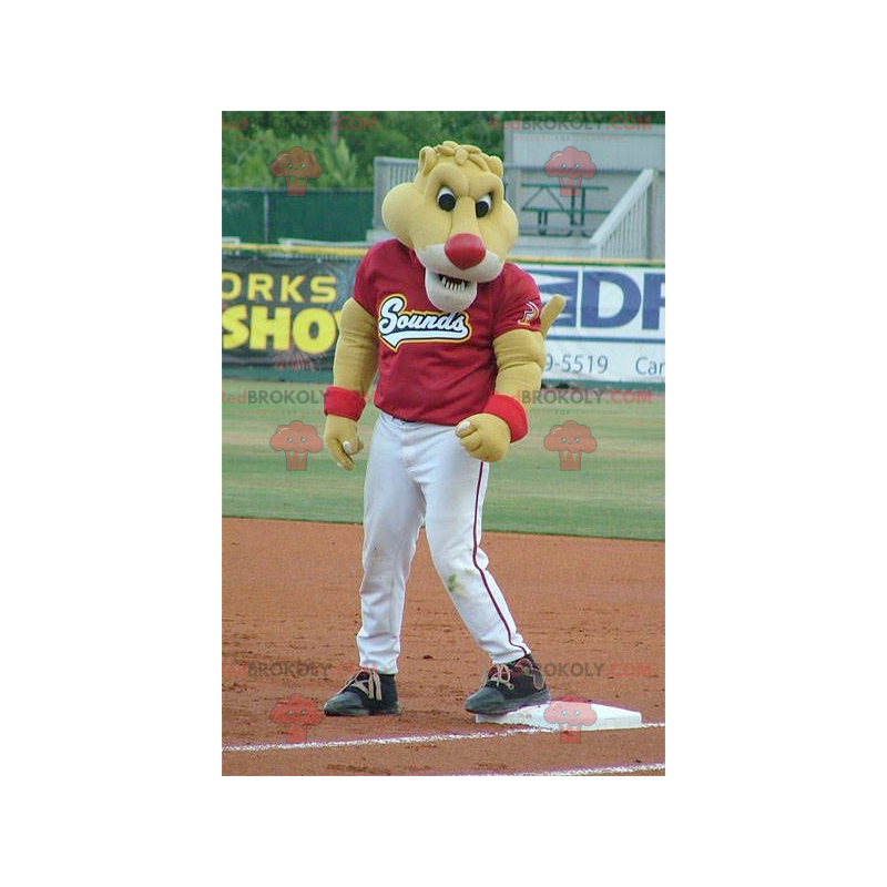 Yellow tiger mascot in red and white sportswear - Redbrokoly.com