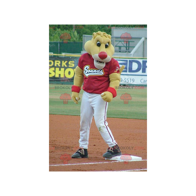 Yellow tiger mascot in red and white sportswear - Redbrokoly.com Yellow tiger mascot in red and white sportswear - Redbrokoly.com