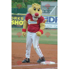 Yellow tiger mascot in red and white sportswear - Redbrokoly.com