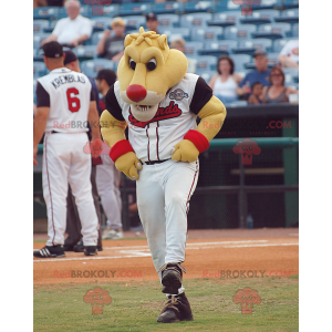 Mascotte de tigre jaune en tenue de sport rouge et blanche -