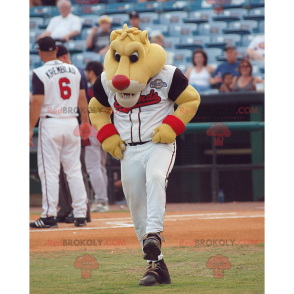 Maskot žlutý tygr v červené a bílé sportovní oblečení -