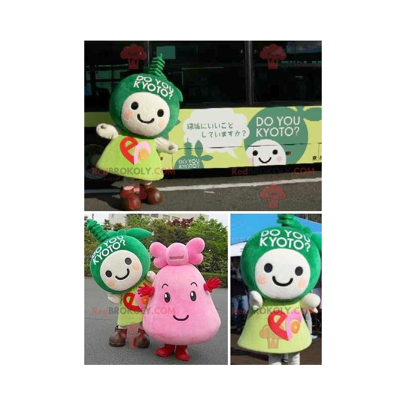 2 mascottes van groene en roze mangakarakters - Redbrokoly.com