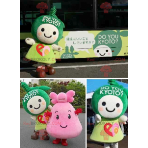 2 mascotes de personagens de mangá verde e rosa - Redbrokoly.com