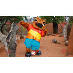 Mascotte orso marmotta marrone in abito colorato -