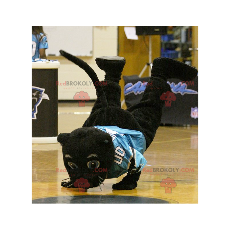 Mascotte pantera nera con una maglia blu - Redbrokoly.com