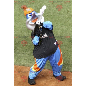 Mascotte de bonhomme bleu d'espadon en tenue colorée