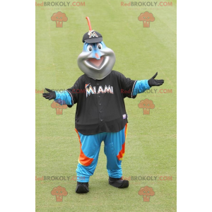 Blue swordfish mascot in colorful outfit - Redbrokoly.com