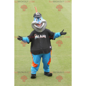Blue swordfish mascot in colorful outfit - Redbrokoly.com