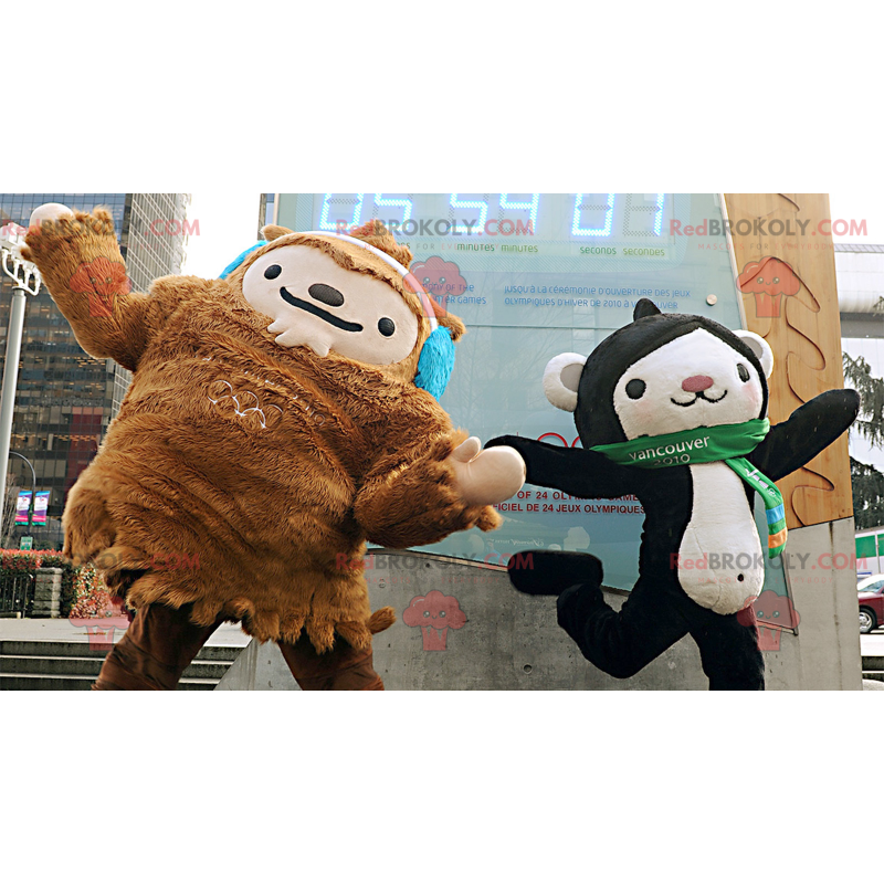 2 mascotes, um yeti marrom e um macaco preto e branco -