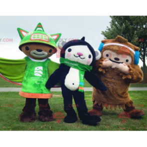 2 mascots a brown yeti and a black and white monkey -