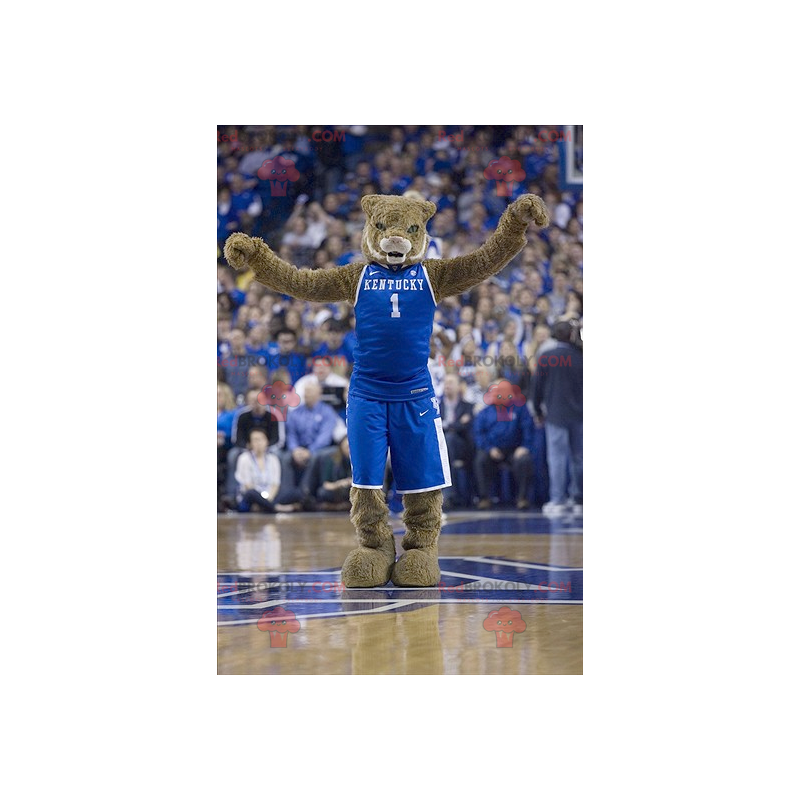 Brązowy kot maskotka tygrys w niebieskiej odzieży sportowej -