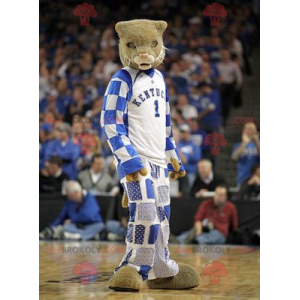 Brown feline tiger mascot in blue sportswear - Redbrokoly.com