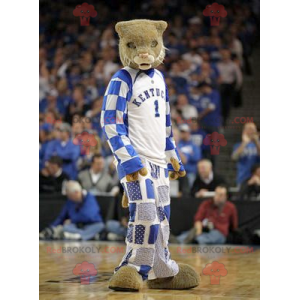 Brązowy kot maskotka tygrys w niebieskiej odzieży sportowej -