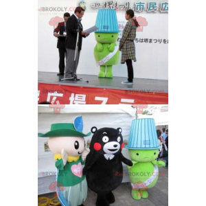 Mascot gran hombre verde con una pantalla en la cabeza -
