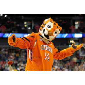 Mascote tigre tricolor laranja preto e branco - Redbrokoly.com
