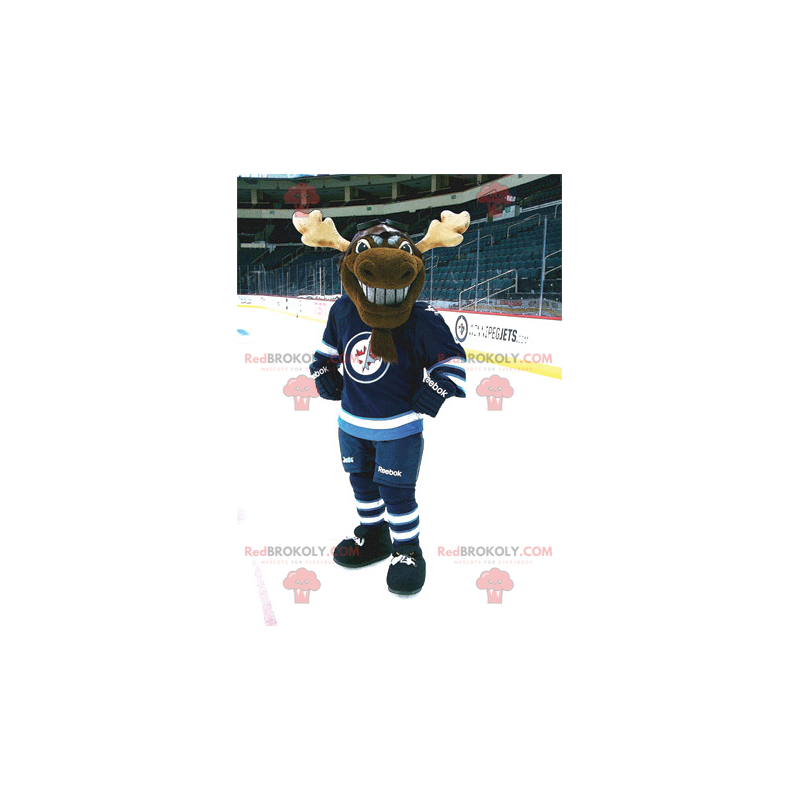 Mascotte de renne marron de caribou en tenue de hockey -