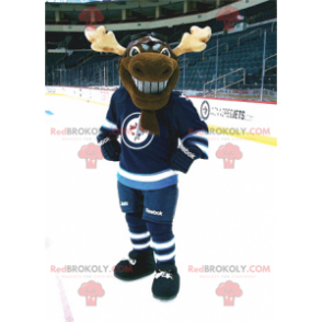 Mascote de rena marrom caribu em uniforme de hóquei -