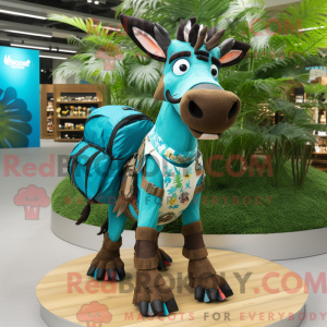 Fantasia de mascote de okapi turquesa com short cargo e bolsas messenger - Mascotes Okapi - REBROKO_280397 - RedBrokoly.com